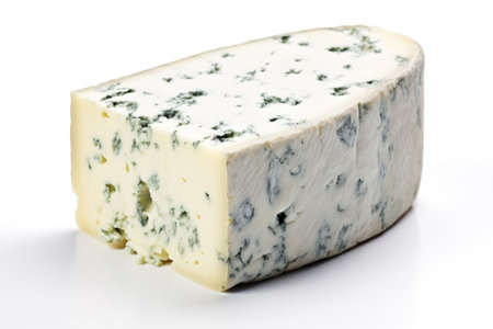 A piece of cheese block with blue mold, isolated on white backgroundの素材