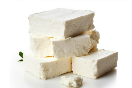 Block of cottage cheese isolated on white backgroundの素材