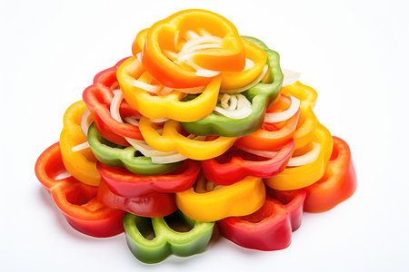 Mixed sliced multi colored sweet bell pepper, isolated on white backgroundの素材