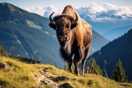 Bison on a mountain pastureの素材