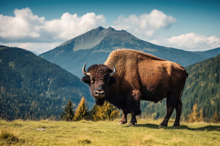 Bison on a mountain pastureの素材