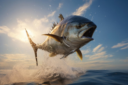 Bluefin tuna jumps out and flies overwaterの素材