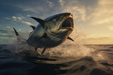 Bluefin tuna jumps out and flies overwaterの素材