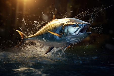 Bluefin tuna jumps out and flies overwaterの素材