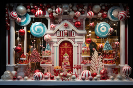 Christmas window display of a candy storeの素材