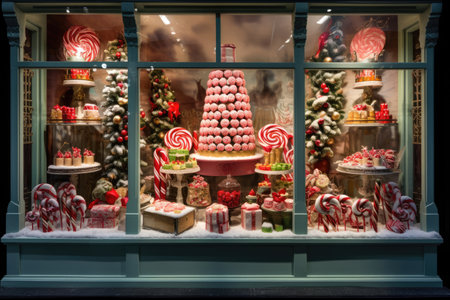 Christmas window display of a candy storeの素材
