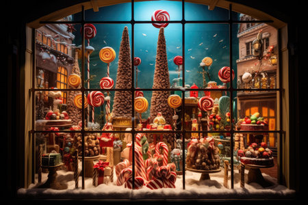 Christmas window display of a candy storeの素材