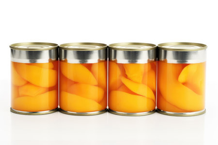 Canned peach slices on white backgroundの素材
