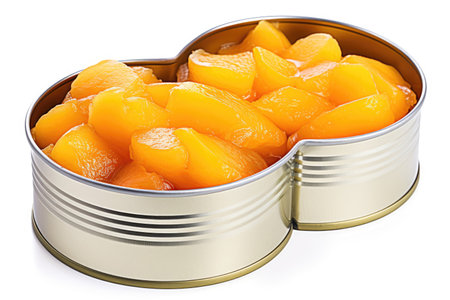 Canned peach slices on white backgroundの素材