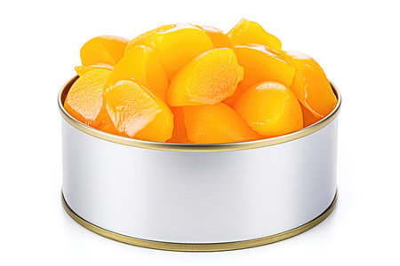 Canned peach slices on white backgroundの素材