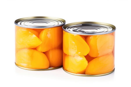 Canned peach slices on white backgroundの素材
