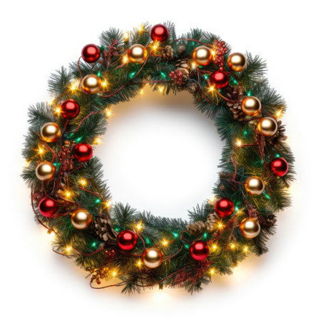 Round Christmas wreath made of light bulbs on white backgroundの素材