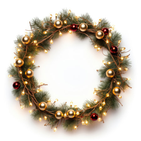 Round Christmas wreath made of light bulbs on white backgroundの素材
