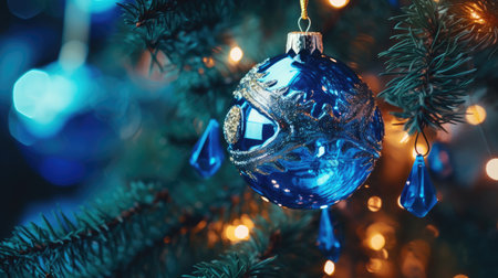 Christmas glass balls on a Christmas tree close-upの素材