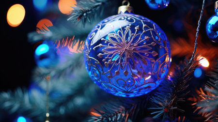 Christmas glass balls on a Christmas tree close-upの素材