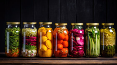 Pickled vegetables in glass jars in a rowの素材