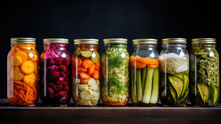 Pickled vegetables in glass jars in a rowの素材
