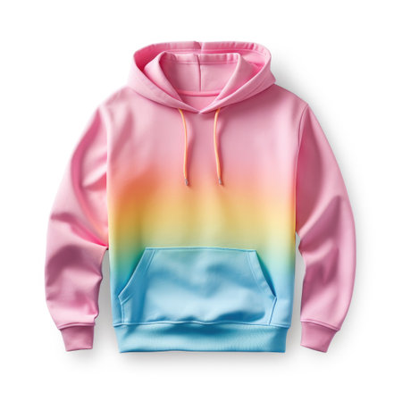 Rainbow color hoodie sweatshirt with a hood and long sleeves on white backgroundの素材