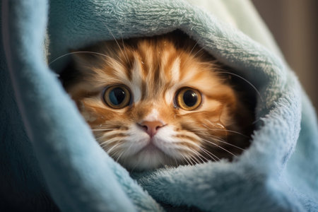 Cute cat wrapped in a bath towelの素材