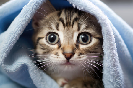 Cute cat wrapped in a bath towelの素材