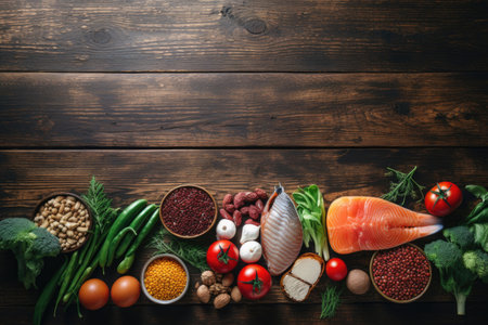 Fresh healthy food on wooden backgroundの素材