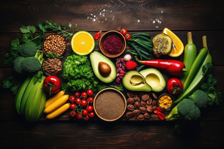 Fresh healthy food on wooden backgroundの素材
