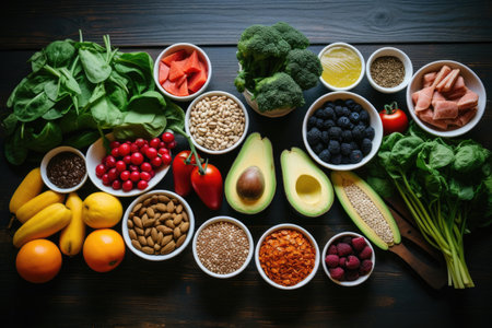 Fresh healthy food on wooden backgroundの素材