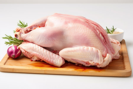 Raw whole chicken carcass on white backgroundの素材