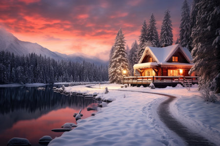 Winter mountain landscape with a houseの素材