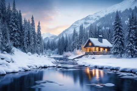 Winter mountain landscape with a houseの素材