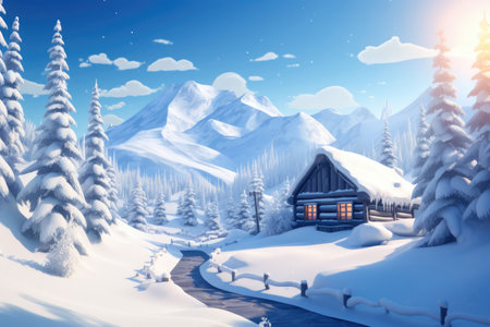 Winter mountain landscape with a houseの素材