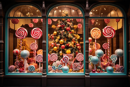 Christmas window display of a candy storeの素材