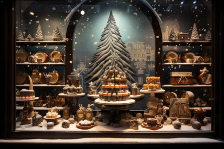 Christmas window display of a coffee and chocolate storeの素材
