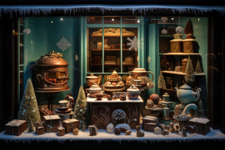 Christmas window display of a coffee and chocolate storeの素材