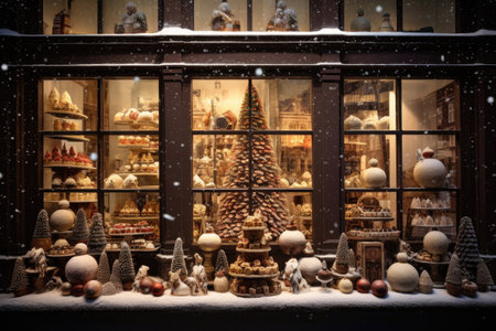 Christmas window display of a coffee and chocolate storeの素材