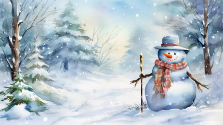 Watercolor of Christmas merry snowmanの素材