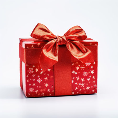 Christmas gift box with red bow on white backgroundの素材