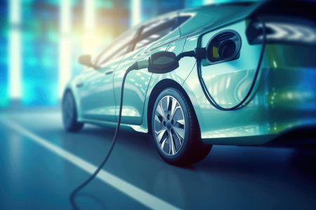 Closeup of a charger plug connected to an electric carの素材