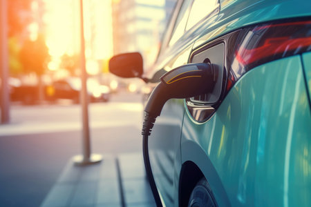 Closeup of a charger plug connected to an electric carの素材