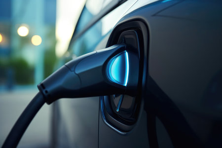 Closeup of a charger plug connected to an electric carの素材