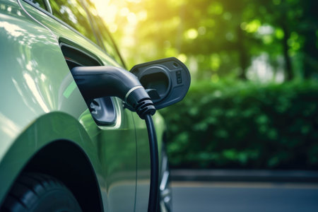 Closeup of a charger plug connected to an electric carの素材