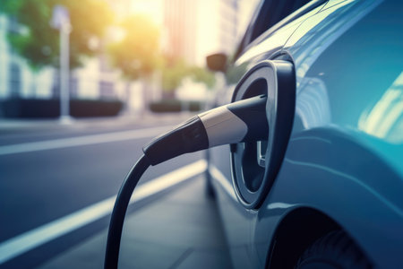 Closeup of a charger plug connected to an electric carの素材