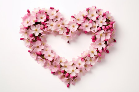 Heart made of blooming flowers on white backgroundの素材