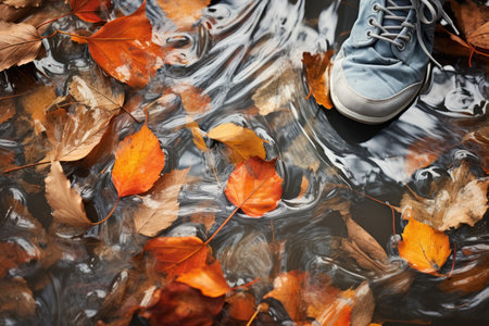 Feet walk along bright orange autumn leavesの素材