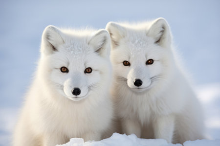 Cute Arctic foxes on the snow in the wildの素材