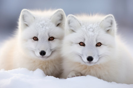 Cute Arctic foxes on the snow in the wildの素材