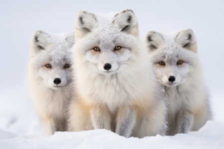 Cute Arctic foxes on the snow in the wildの素材