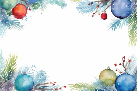 Watercolor frame of Christmas balls and pine branches on a frozen white backgroundの素材