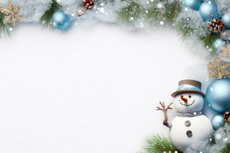 Christmas frame with snowman, glass balls, fir branches and snowflakes on frozen snowy backgroundの素材