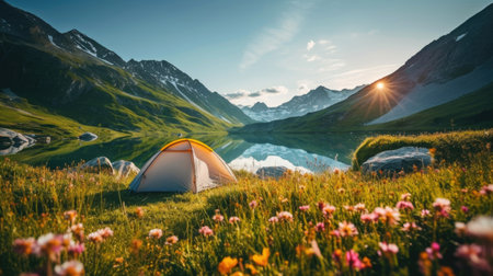 Lonely camping tent in the mountains on the shore of a lake in the summerの素材